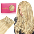 WENNALIFE Clip in Human Hair Extensions, 18 Inch 120g 7pcs Light Blonde Highlighted Golden Blonde Remy Hair Double Weft