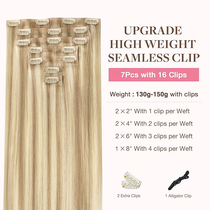 GOO GOO Clip in Hair Extensions Real Human Hair, Remy Human Hair Extensions Clip ins for Women, Natural Human Hair, 22inch 170g 7Pcs, #18A/613A Dark Blonde Highlighted Bleach Blonde