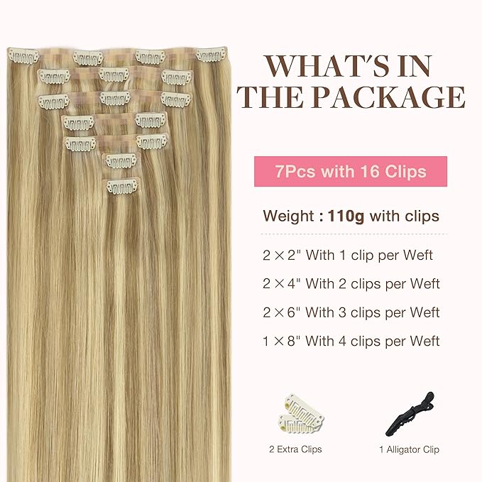 GOO GOO Clip in Hair Extensions Real Human Hair, Remy Human Hair Extensions Clip ins for Women, Natural Human Hair, 12inch 85g 7Pcs, #16/22 Light Blonde Highlighted Golden Blonde