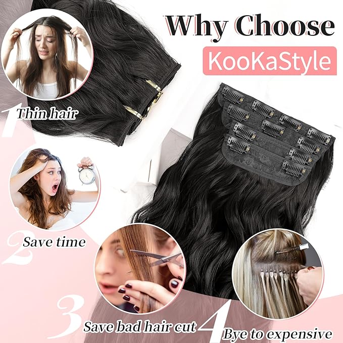 KooKaStyle Clip in Hair Extensions 4PCS Long Wavy Synthetic Dark Black Brown Fiber Double Weft Natural Thick Hairpieces 24Inch for Women