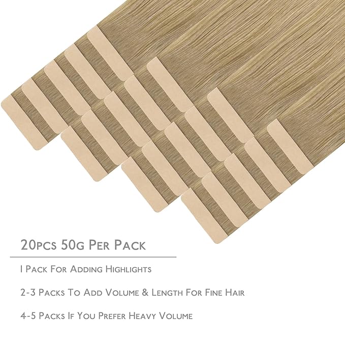 WENNALIFE Tape in Hair Extensions Human Hair, 20pcs 50g 20 inch Balayage Dirty Blonde to White Blonde Remy Hair Extensions Straight Human Hair Tape in Extensions Skin Weft Tape Extensions Human Hair