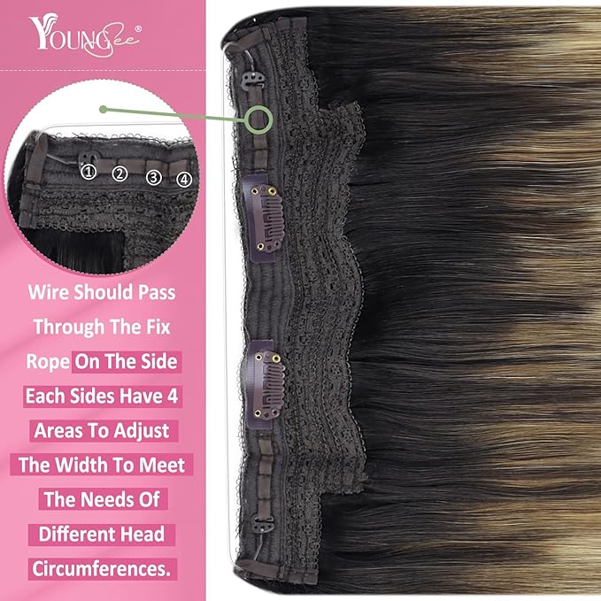 YoungSee Invisible Wire Hair Extensions Balayage Brown to Blonde Human Hair Extensions Wire Dark Roots to Medium Brown with Warm Blonde Highlights Fish Line Extension Hair for Women 20In 100G