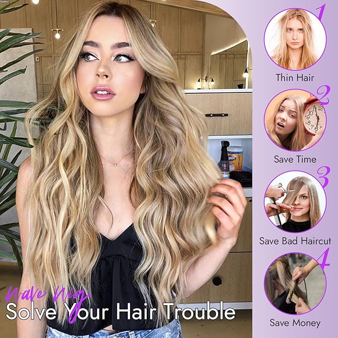 Ombre Blonde Wig for Women Long Wavy 4x1 Lace Natural Hairline Glueless for Beginners Middle Part Synthetic for Daily Party Use 26Inch
