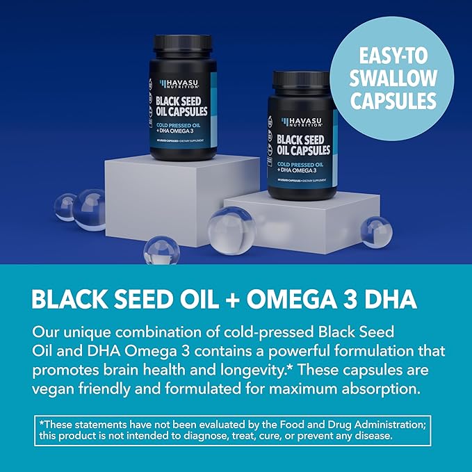 Black Seed Oil with DHA Supplement for Brain Health and Cognition - Cold Pressed Black Cumin Seed Oil and DHA Omega 3-60 Liquid Capsules, Unflavored, Vegan, Non-GMO, and Gluten-Free - 1 Month Supply
