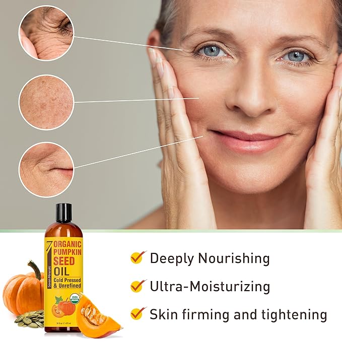 Seven Minerals NEW Pumpkin Seed Oil for Hair Growth, Face, & Body - Big 16oz Bottle - USDA Organic, Cold-Pressed & Hexane Free - Lightweight, Non-Greasy, & Deeply Moisturizing for Scalp, Skin