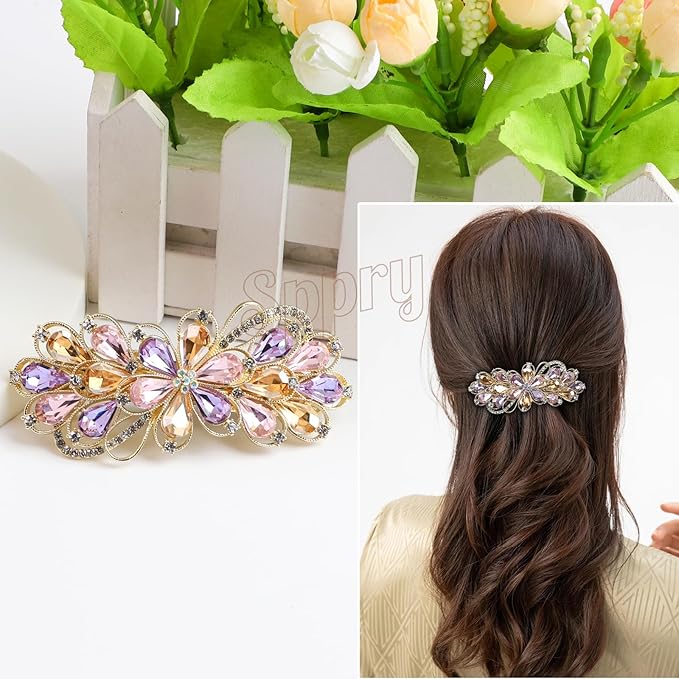 Large Gorgeous Rhinestone Hair Barrette for Women, Flower Jewelry Design (Champagne & Purple)