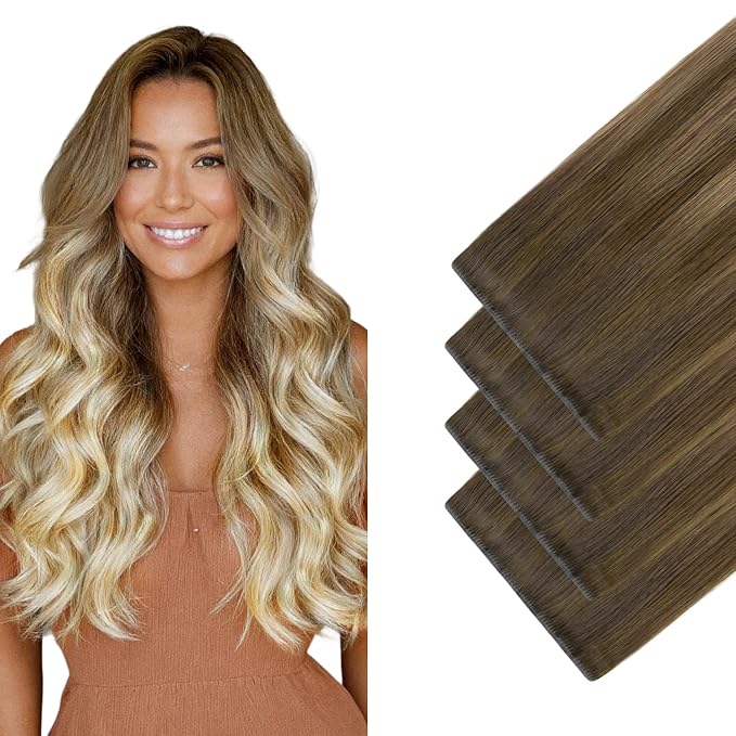GOO GOO Invisi Edge Wide Tape in Hair Extensions, 3/8/613 Walnut Brown to Ash Brown and Bleach Blonde,4pcs 18inch 20g, Remy Human Hair,Seamless Injected Tape, Natural Look