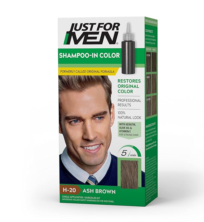 Just For Men Shampoo-In Color (Formerly Original Formula), Mens Hair Color with Keratin and Vitamin E for Stronger Hair - Ash Brown, H-20, Pack of 1
