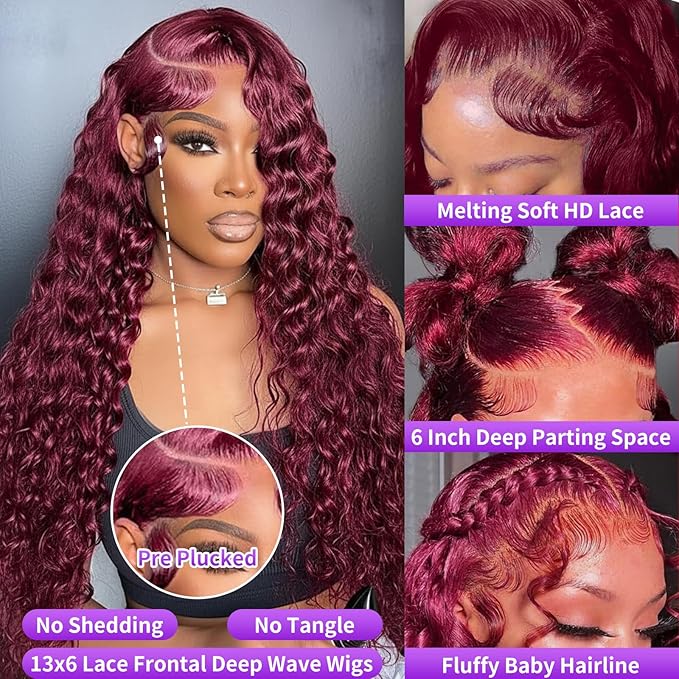 22 Inch 99J Burgundy Lace Front Wigs Human Hair Deep Wave 13x6 HD Lace Front Wigs Pre Plucked with Baby Hair Wet and Wavy Human Hair Wig 200% Density Deep Curly Frontal Wigs for Black Women