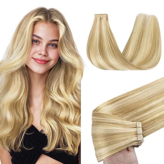 GOO GOO Tape in Hair Extensions Human Hair, 18D/22F Dirty Blonde Highlights, 12inch 40g 20pcs, Skin Weft Seamless Invisible, Silky Straight with Thick Ends, Remy Human Hair