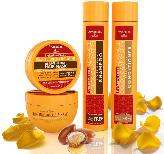 Advanced Color Care Sulfate Free Shampoo and Conditioner Set for Color Treated Hair with Argan Oil and Macadamia Oil By Arvazallia - Shampoo, Conditioner, and Deep Conditioner Hair Mask