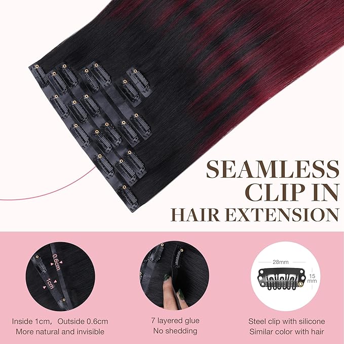 GOO GOO Clip in Hair Extensions Real Human Hair, Remy Human Hair Extensions Clip ins for Women, Natural Human Hair, 22inch 160g 7 Pcs, #1/99j Balayage Jet Black to Red Seamless Blend