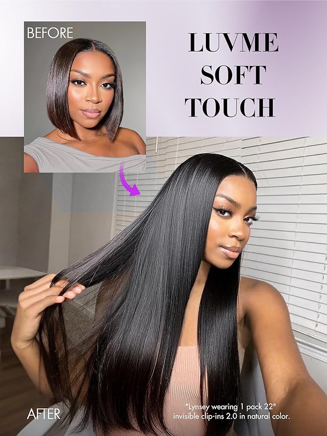 LUVME Invisible Clip in Hair Extensions, Yaki Straight Real Human Hair 22 Inch 2 Pack 220g 12pcs Clip ins Hair Extensions Natural Black for Women