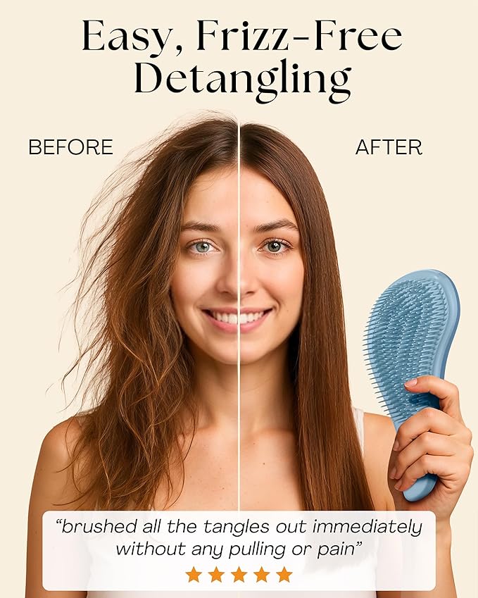 Lily England Detangler Hair Brush for Curly, Thick, Straight & Natural Hair - Gentle Detangling Brush for Women, Kids & Toddlers with Flexible Bristles - Smooth Hairbrush for Wet & Dry Hair, Sky-Blue