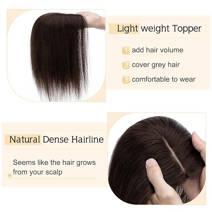 SEGO Human Hair Toppers for Women With Thinning Hair, 7 * 13CM Silk Base 100% Real Human Hair Clip in Top Wiglet Hairpieces -6 Inch No Bangs Dark Brown