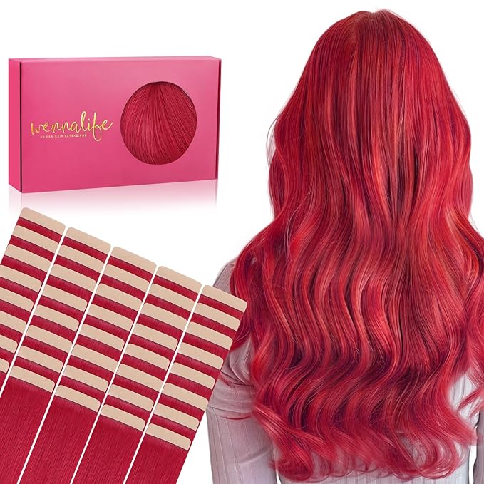 WENNALIFE Tape in Hair Extensions Human Hair, 40pcs 100g 16 inch Red Hair Extensions Real Human Hair Straight Invisible