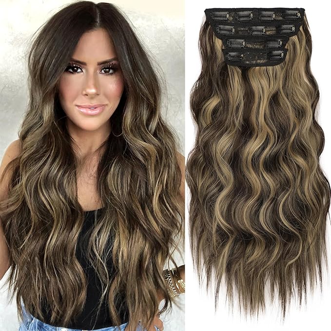KooKaStyle Clip in Synthetic Hair Extensions Long Wavy 4PCS Thick Hairpieces Brown mix Sandy Blonde F6/18 Fiber Double Weft Natural Hair Extensions 20 Inch for Women