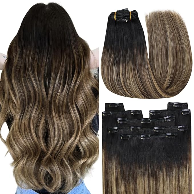 YoungSee 135G Clip in Human Hair Extensions Black Ombre Hair Extensions Clip ins Balayage Black Roots to Brown with Caramel Blonde Clip on Hair Extension Real Human Hair 18In 7Pcs