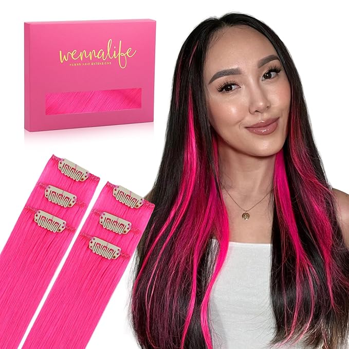 WENNALIFE Hot Pink Clip in Hair Extensions Real Human Hair 35g 6pcs 14 Inch Colored Hair Extensions for Kids Women Colorful Hair Pieces Pop-up Style Straight Extensiones De Cabello Humano Con Clip