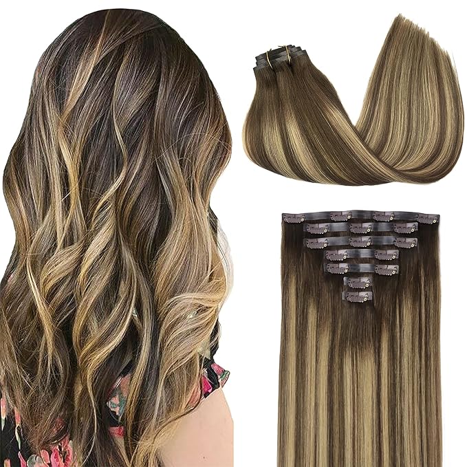 GOO GOO Clip in Hair Extensions Real Human Hair, Remy Human Hair Extensions Clip ins for Women, Natural Human Hair, 24inch 120g 7Pcs, 4/27/4 Balayage Chocolate Brown to Caramel Blonde