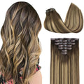 GOO GOO Clip in Hair Extensions Real Human Hair, Remy Human Hair Extensions Clip ins for Women, Natural Human Hair, 24inch 120g 7Pcs, 4/27/4 Balayage Chocolate Brown to Caramel Blonde