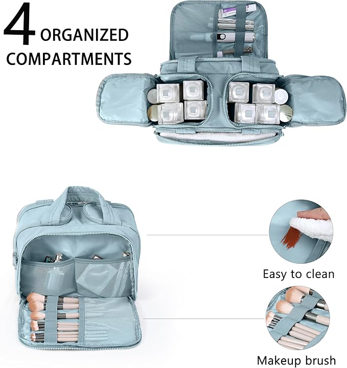 Travel Toiletry Bag for Women, Large Wide-open Puffy Cosmetic Makeup Bag with Wet-Dry Separation, Multi-Pocket Organizer with Carry Handle for Toiletries, Cosmetics, Essentials, Light Blue