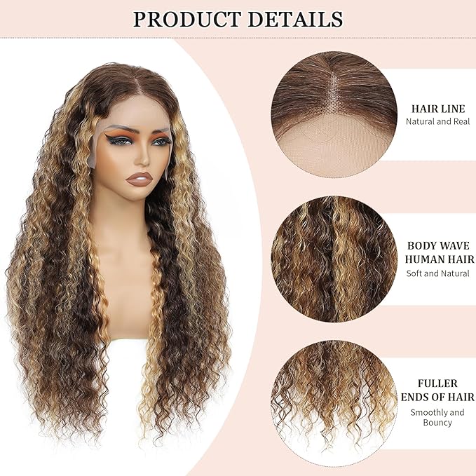 Honey Blonde Human Hair Wigs 13x6 HD Highlight Ombre Deep Wave Lace Front Wigs Human Hair 180 Density Glueless Deep Wave 4/27 Colored Wet and Wavy Curly Wig Pre Plucked for Women 22 Inch