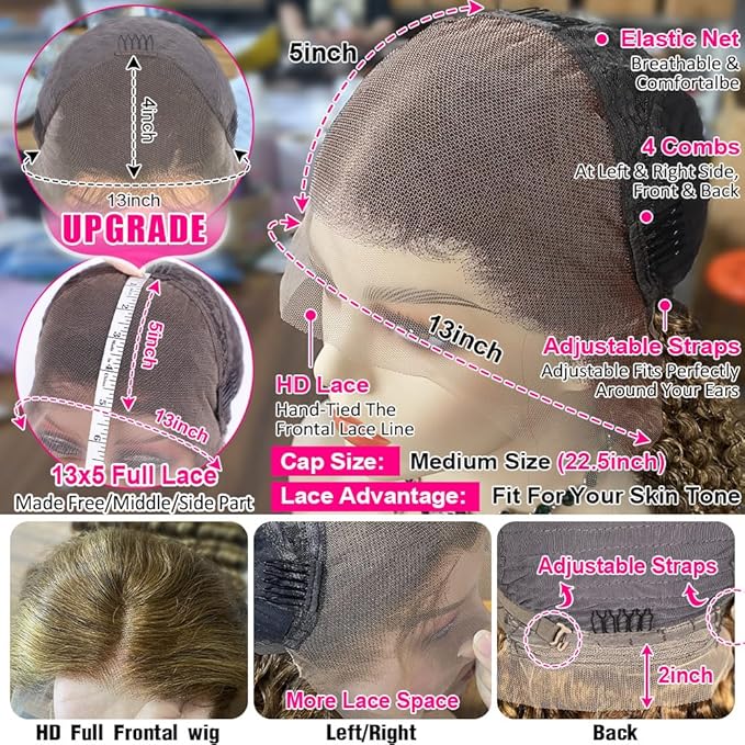 CYNOSURE Honey Blonde Ombre Lace Front Wig Human Hair 13x5 Highlight Deep Wave Curly Wig 4/27 Colored HD Transparent Lace Front Wigs Pre Plucked with Baby Hair 180% Density 24 Inch