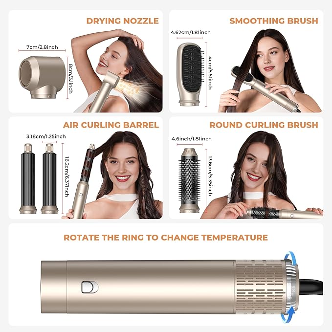 5 in 1 Hair Dryer Brush Set,Professional Negative Ionic Hot Air Styler, Air Curling Wrap Styler,Detachable Blow Dryer Brush With Auto Wrap Curlers,Hair Styling Tools For Straight/Curl/Drying/Smoothing