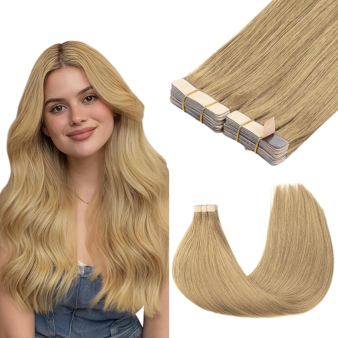 GOO GOO Tape in Hair Extensions Human Hair, 7 Bronde, 12inch 80g 40pcs, Skin Weft Seamless Invisible, Silky Straight with Thick Ends, Remy Human Hair