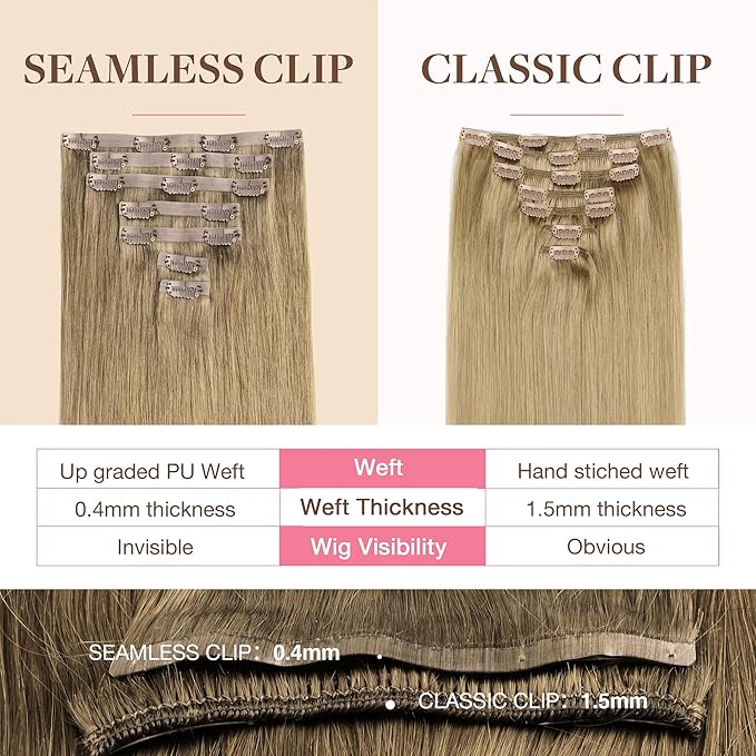 GOO GOO Clip in Hair Extensions Real Human Hair, Remy Human Hair Extensions Clip ins for Women, Natural Human Hair, 24inch 160g 7Pcs, 7 Bronde