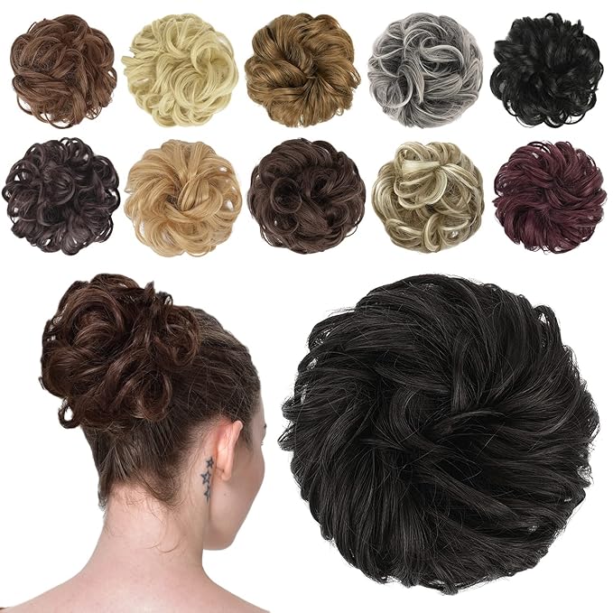 FESHFEN Messy Bun Hair Piece - Elastic Wavy Curly Hair Bun Scrunchies Extensions Synthetic Chignon Hairpieces for Women Girls, Black Brown 1.5 oz