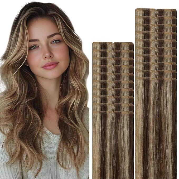 VINBAO Invisi Edge Tape in Hair Extensions Human Hair, Dark Brown with Blonde Injected Tape in Extensions with Highlights, 16in 45g 20pcs/pack Natural Look 16inch #4P27