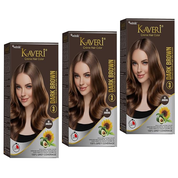Kaveri Creme Hair Color Permanent Hair Dye Color - With Improved Creme Formula for Gray Coverage Ammonia Free Hair Color Dye for Rich Bright Long lasting (Dark Brown, 3.04 Fl Oz) - Pack Of 3