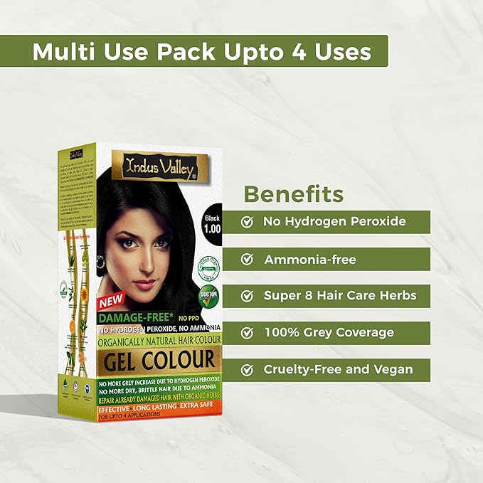 Indus Valley Organic Damage Free Gel Hair Color | Gray Coverage of Resistant Gray Hairs - Ammonia-Free & Vegan - Salon Influenced Hair Dye | Permanent Hair Dye For Women, Black 1.0, 8.45 fl. oz.