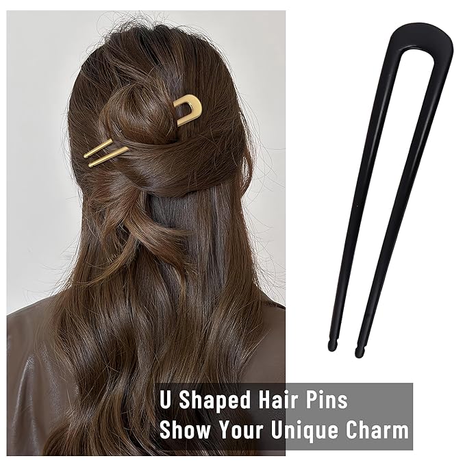 6Pcs Metal French Hair Pins for Women U Shape Sticks 3.9 Inch Vintage Fork for Hairstyle Accessories(Black/Gold/Rosegold)