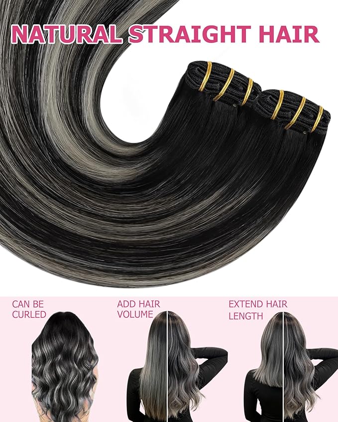 YoungSee Balayage Clip in Hair Extensions Black Silver Clip in Human Hair Extensions Ombre Black Mix Silver Clip in Hair Extensions Real Human Hair for Women 24inch 7Pcs 120G