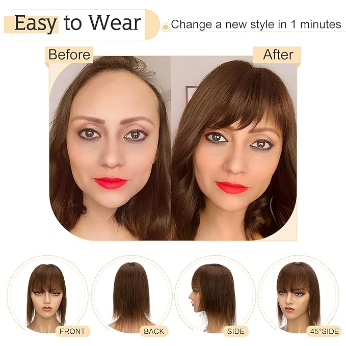 SEGO Hair Toppers for Women Real Human Hair With Bangs, 7 * 13CM Silk Base 100% Remy Human Hair Clip in Top Wiglet Hairpieces Add Volume /14 Inch Medium Brown