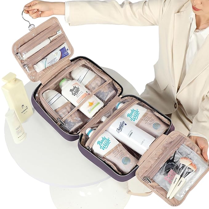 NISHEL Travel Toiletry Bag for women, Portable Hanging Organizer for Family-Sized Shampoo, Conditioner, Brushes Set, Makeup Accessories, Extra Large Size, Purple
