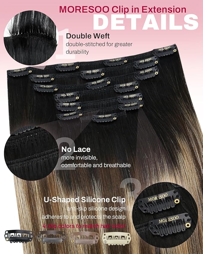 Moresoo Clip in Hair Extensions Balayage Double Weft Human Hair Clip in Extensions Ombre Black to Brown Mixed with Caramel Blonde 7pcs 120Grams 20inch