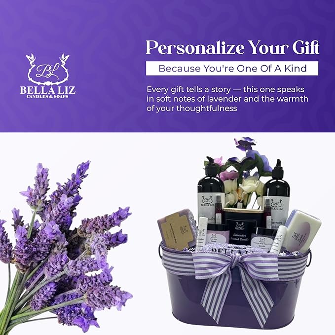 Bella Liz Lavender Gift Set – 14 piece Spa Set with Soy Candle, Handmade Soaps, Body Wash & Lotion, Bath Bombs, Lip Balms, Sugar Scrub, Body Butter & More – Self-Care Gift