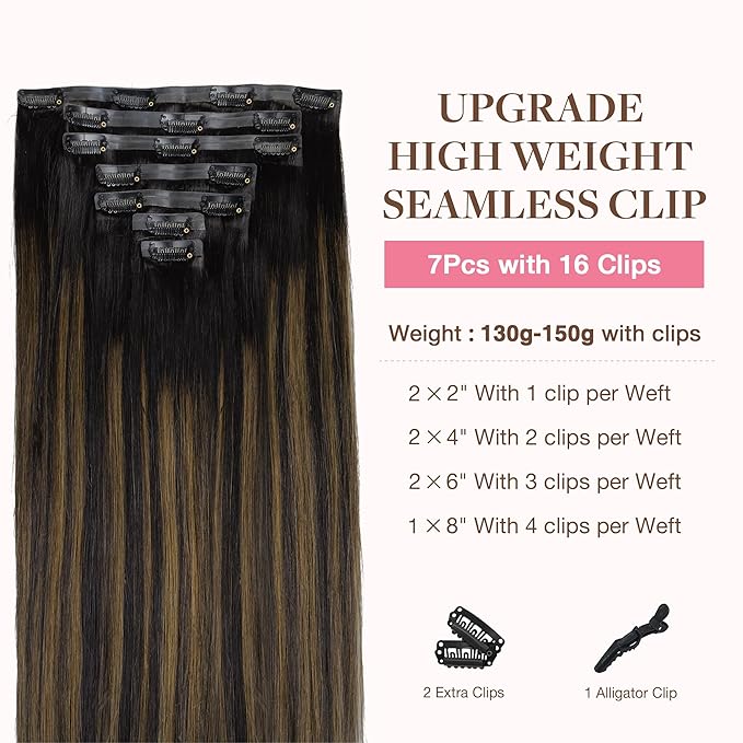 GOO GOO Clip in Hair Extensions Real Human Hair, Remy Human Hair Extensions Clip ins for Women, Natural Human Hair, 18inch 130g 7Pcs, 1B/6/1B Balayage Natural Black to Chestnut Brown