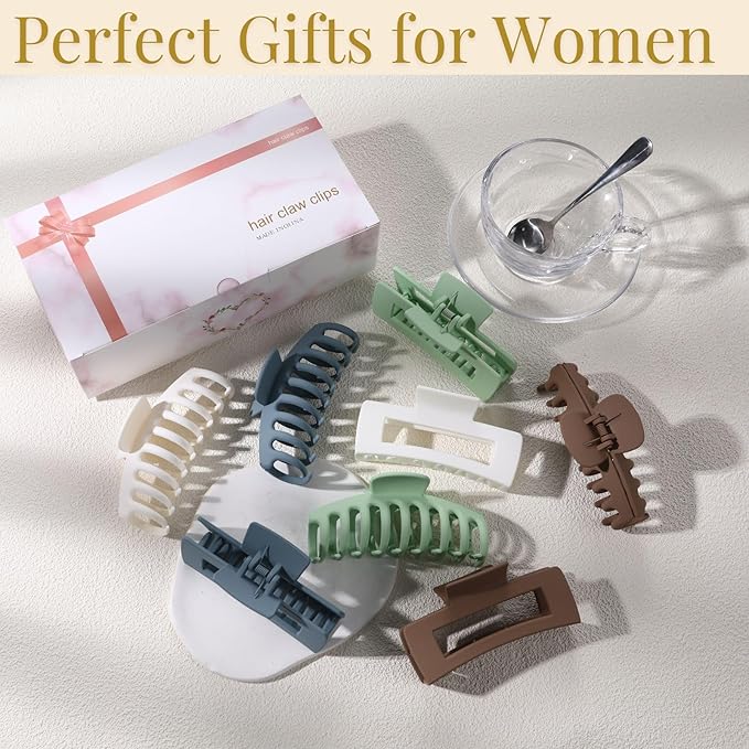 LuSeren 8 Pack Hair Clips for Women 4.3 Inch Large Hair Claw Clips for Women Thin Thick Curly Hair, Big Matte Banana Clips,Strong Hold jaw clips White Light Green Light Brown Light Gray