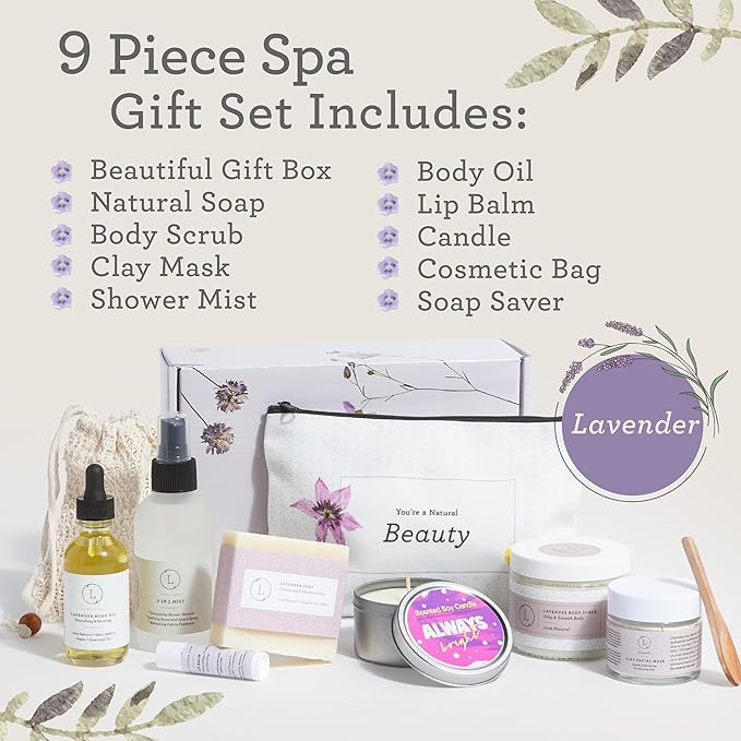Lizush Luxury Spa Gifts for Women - 9 Piece Lavender Gifts for Her, Gift Baskets, Body Care Set for Mom, Birthday Box For Women, Self Care Spa Kit For Wife - Handmade in the USA