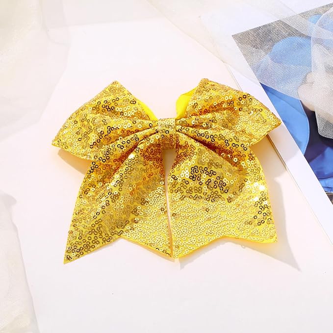 Large Big 7 Inch Glitter Bow Clip Sequin Bling Party Hair Accessories for Women Teens Girls Kids 3 Pcs (Yellow,Green,Blue)