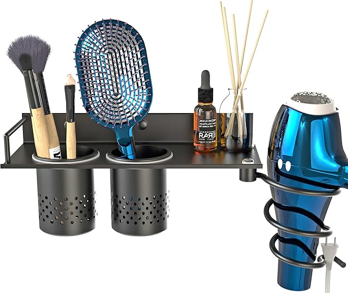 MyLifeUNIT Hair Dryer Holder, Wall Mounted Blow Dryer Organizer with 2 Cups, Bathroom Hair Styling Tools Shelf