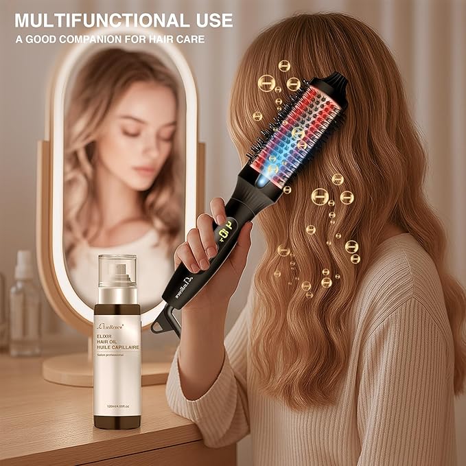 Infrared Bounce Brush, Heated Thermal Round Brush with Negative Ion Technology, 10 Heat Settings for Blowout Look with Hair Care Oil, Straightening & Curling, Suitable for All Hair Types, Black