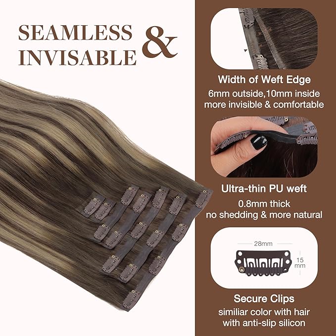 GOO GOO Clip in Hair Extensions Real Human Hair, Remy Human Hair Extensions Clip ins for Women, Natural Human Hair, 24inch 140g 7Pcs, #4/26/4 Balayage Chocolate Brown to Honey Blonde