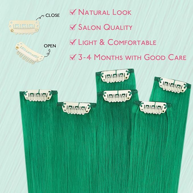 WENNALIFE Green Clip in Hair Extensions Real Human Hair 35g 6pcs 22 Inch Colored Hair Extensions for Kids Women Colorful Hair Pieces Pop-up Style Straight Extensiones De Cabello Humano Con Clip