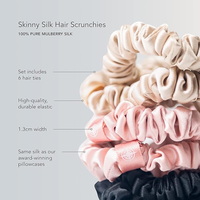 Fishers Finery 25 Momme Pure Mulberry Silk Skinny Scrunchies | Hair Tie Set for Thin Hair (Champagne|Brown|Black- 6 Pk)